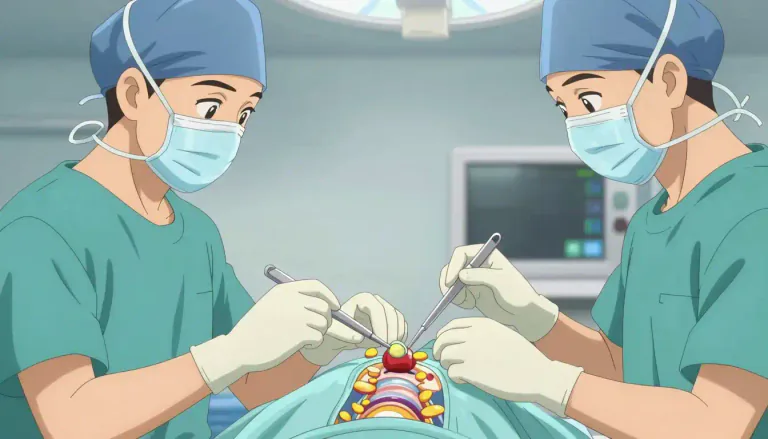 Visual representation of "discectomy" - A surgical operation to remove a part of a disc in the spine that is pressing on nerves or the spinal cord.