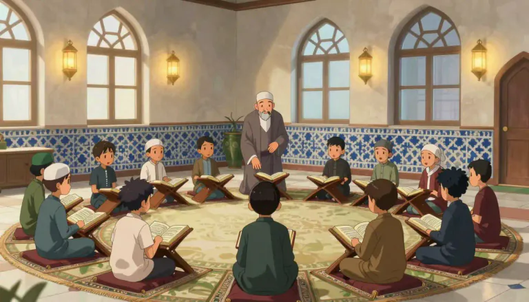 Visual representation of "madrassah" - A school for the study of Islamic religious knowledge, typically attended by Muslim youth.