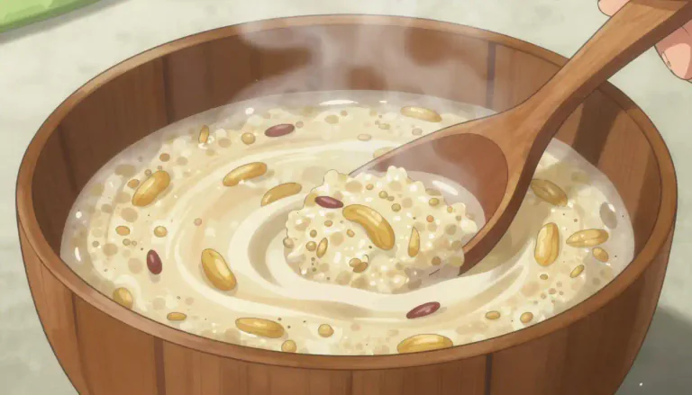 Visual representation of "gruel" - A thin crunchy liquid food made by boiling grains or legumes in milk or water