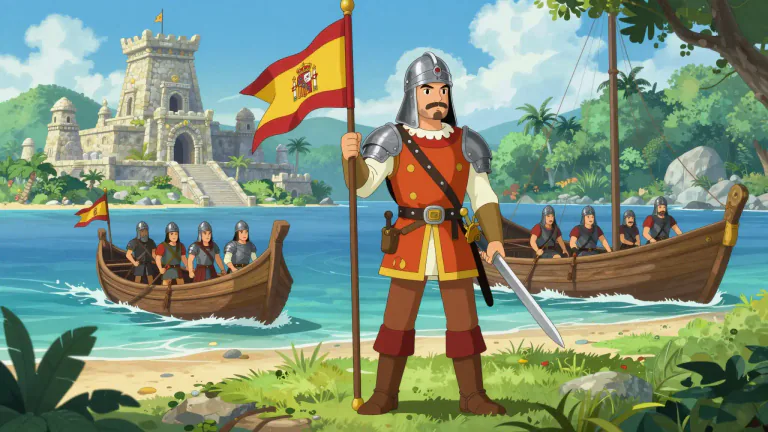 Visual representation of "conquistador" - A Spanish term for a conqueror, particularly one of the Spanish explorers and soldiers who traveled to the Americas and conquered indigenous civilizations in the 16th century.