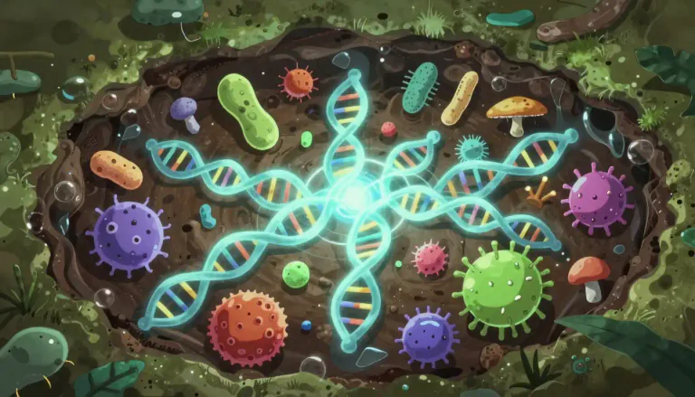 Visual representation of "metagenomic" - Relating to the study of metagenomes, which are the collective genomes of microorganisms in a given environment.