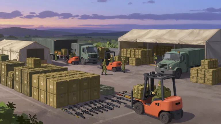 Visual representation of "materiel" - Equipment or supplies used by a group of people for a particular purpose, especially in a military context.