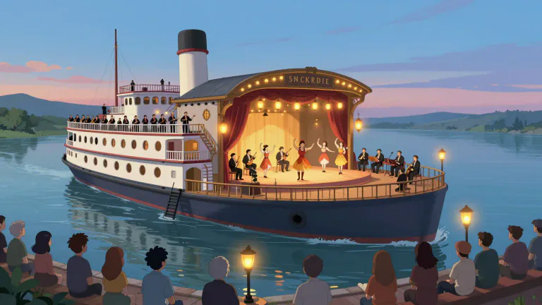 Visual representation of "showboat" - A boat designed for entertaining people, often featuring music and performances.