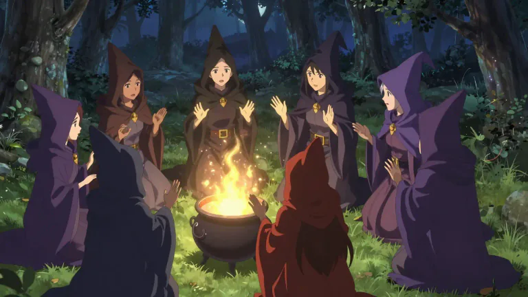 Visual representation of "coven" - A coven is a gathering of witches, usually consisting of thirteen members, who meet regularly to perform rituals.