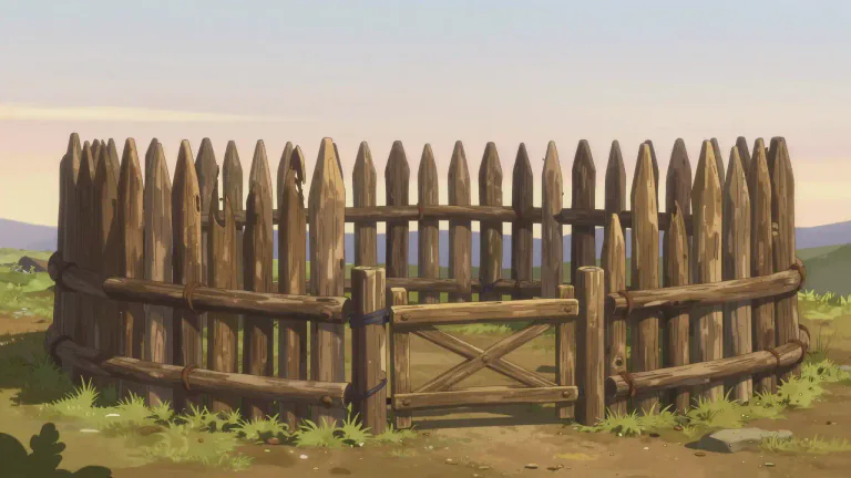 Visual representation of "stockade" - A barrier or fence made of wooden stakes or posts used for protection and safety.