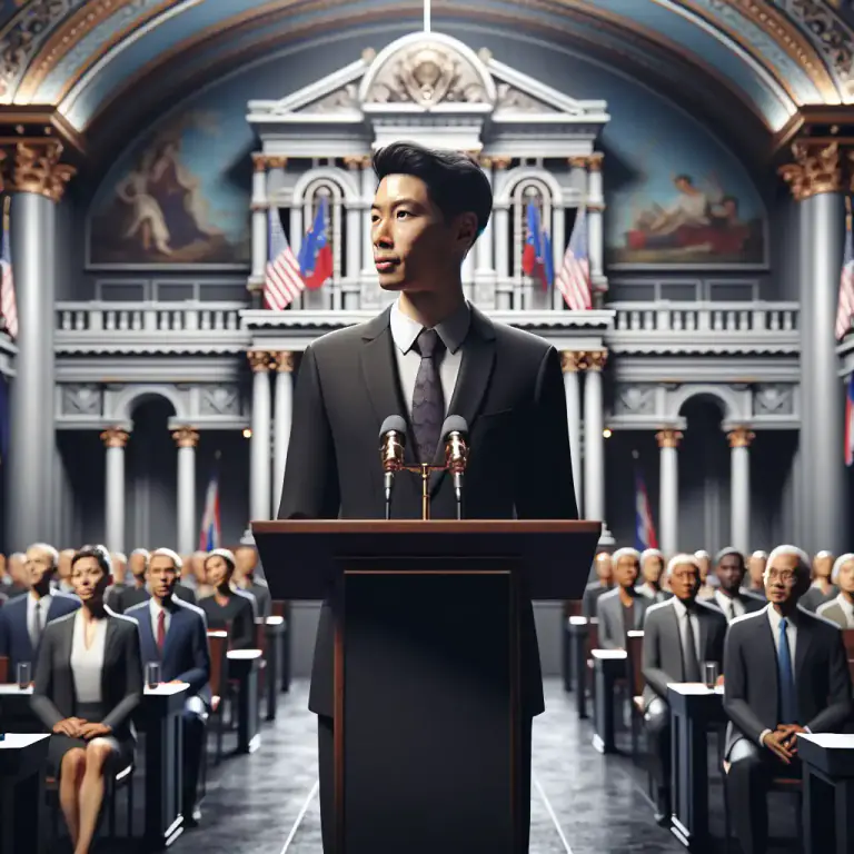 Visual representation of "preside" - To sit or stand in front of a gathering of people.