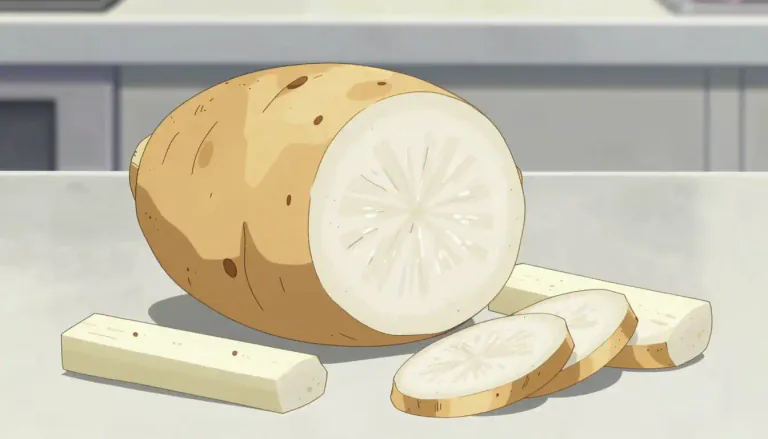 Visual representation of "jicama" - Jicama is a round or oval tuberous root vegetable, commonly consumed raw, with a sweet, crunchy texture.