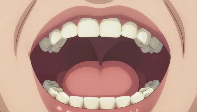 Visual representation of "uvula" - The small piece of soft flesh that can be seen dangling down from the back of your mouth when you open it wide.