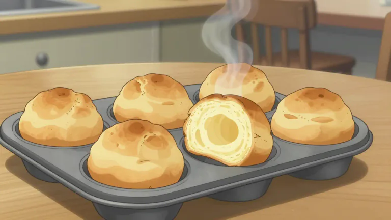 Visual representation of "popover" - A light, airy pastry made from a simple batter, typically baked in a muffin tin or similar mold.