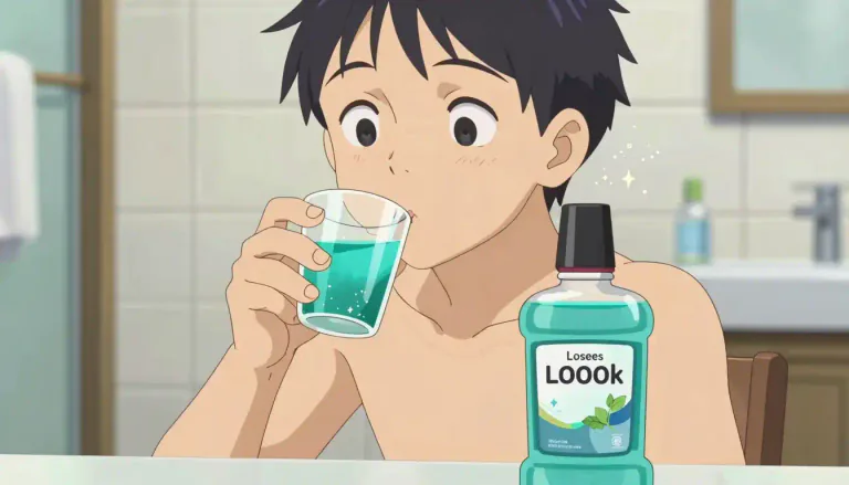 Visual representation of "mouthwash" - A liquid used to rinse the mouth and improve oral hygiene, typically containing antiseptic properties.