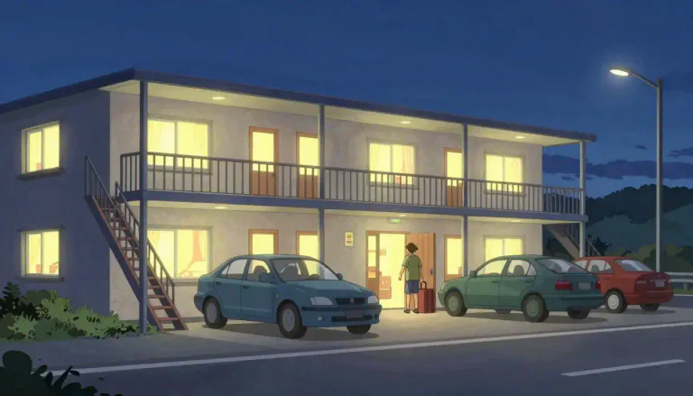 Visual representation of "motel" - A place where people pay to stay and sleep while they are traveling, often providing parking space.