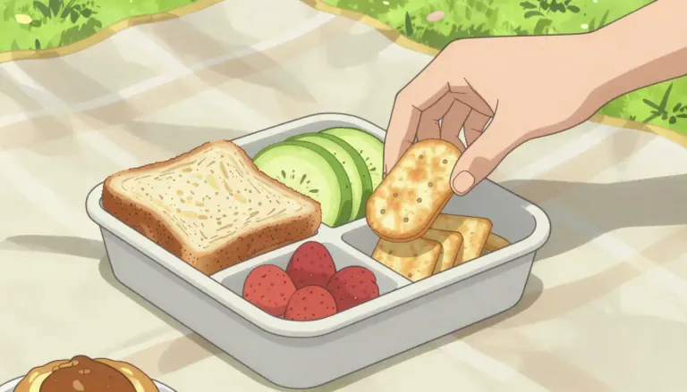 Visual representation of "nosh" - A small amount or type of food; a snack.