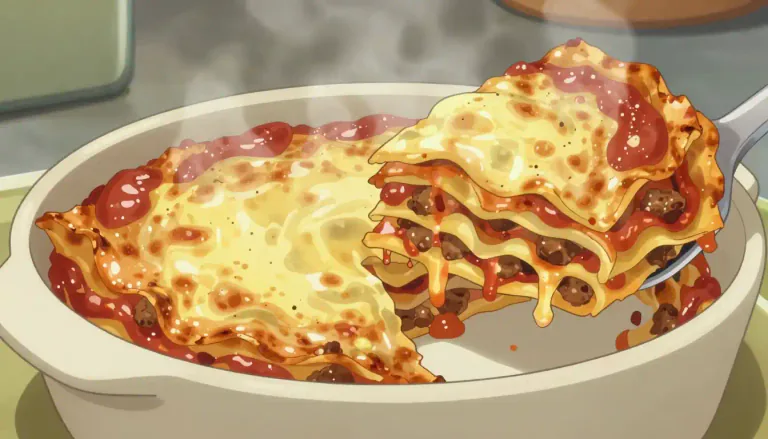 Visual representation of "lasagna" - A baked dish of layers of pasta, typically filled with cheese, meat, and tomato sauce.