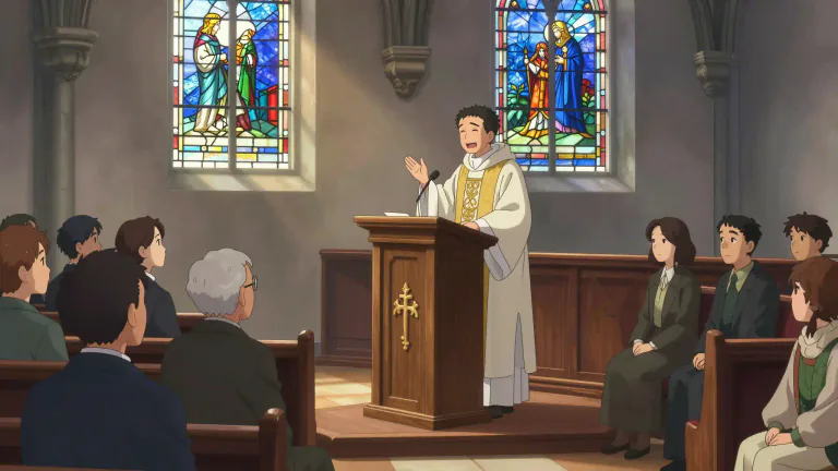 Visual representation of "homily" - A religious lecture or speech given by a priest or minister in church, usually as part of a service.