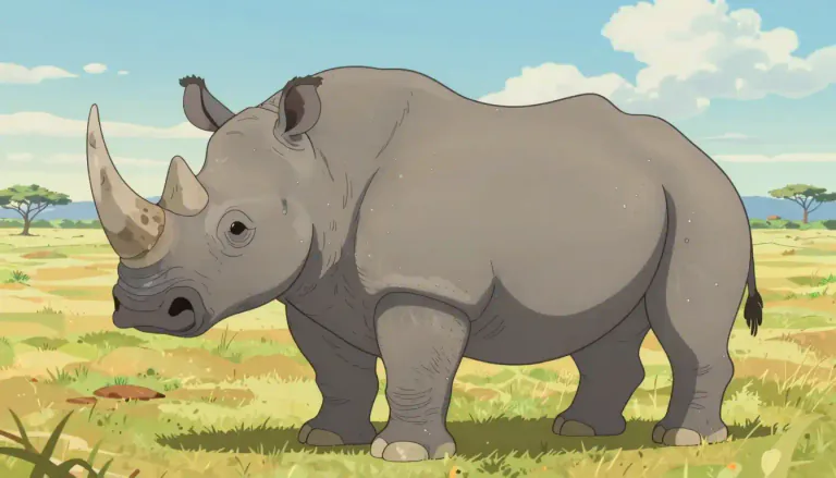 Visual representation of "rhinoceros" - A large animal from Africa and Asia that has thick skin, one or two upright horns on its nose, and a broad square mouth.