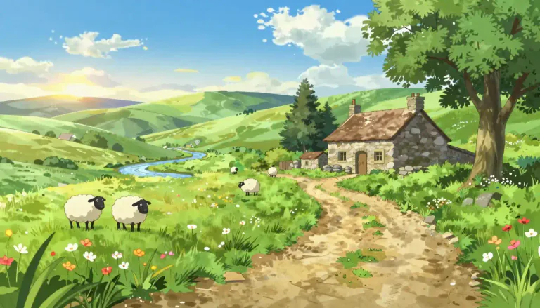 Visual representation of "bucolic" - Relating to the pleasant aspects of the countryside and country life.