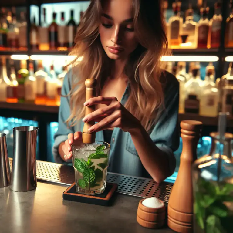 Visual representation of "muddle" - In bartending, to mash or crush ingredients in the bottom of a glass to release their flavor.