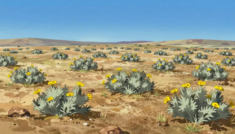 Visual representation of "sagebrush" - A type of shrub that has silvery leaves and yellow flowers, found in dry areas, especially West North America.