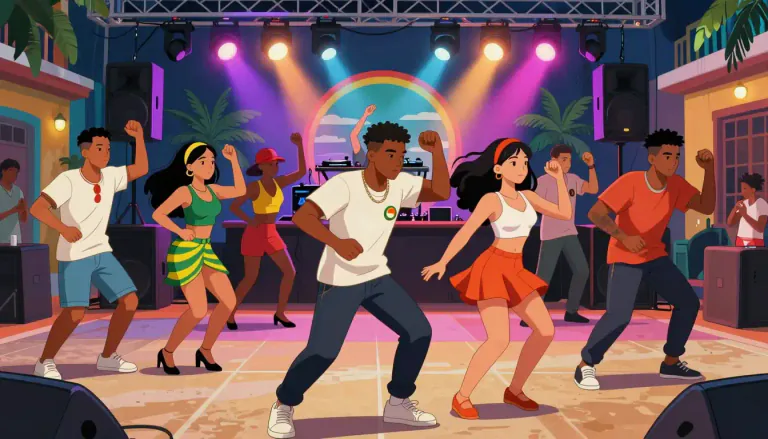 Visual representation of "reggaeton" - A kind of music and dance from Puerto Rico with a mix of Jamaican, Latin American and hip hop tunes.