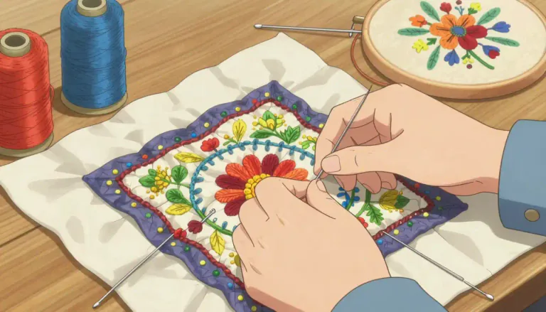 Visual representation of "stitchery" - The art or craft of sewing and embroidery, often involving the decorative treatment of fabric.