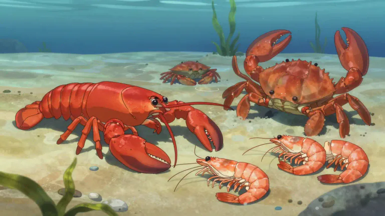 Visual representation of "crustacean" - It is a type of animal that lives in sea, has a shell and a segmented body. It includes animals like lobsters, crabs and shrimps.