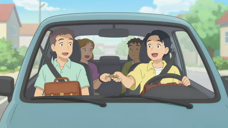 Visual representation of "carpool" - An arrangement where a group of people travel together in one vehicle, especially to work or school, to save money, fuel or to share costs.