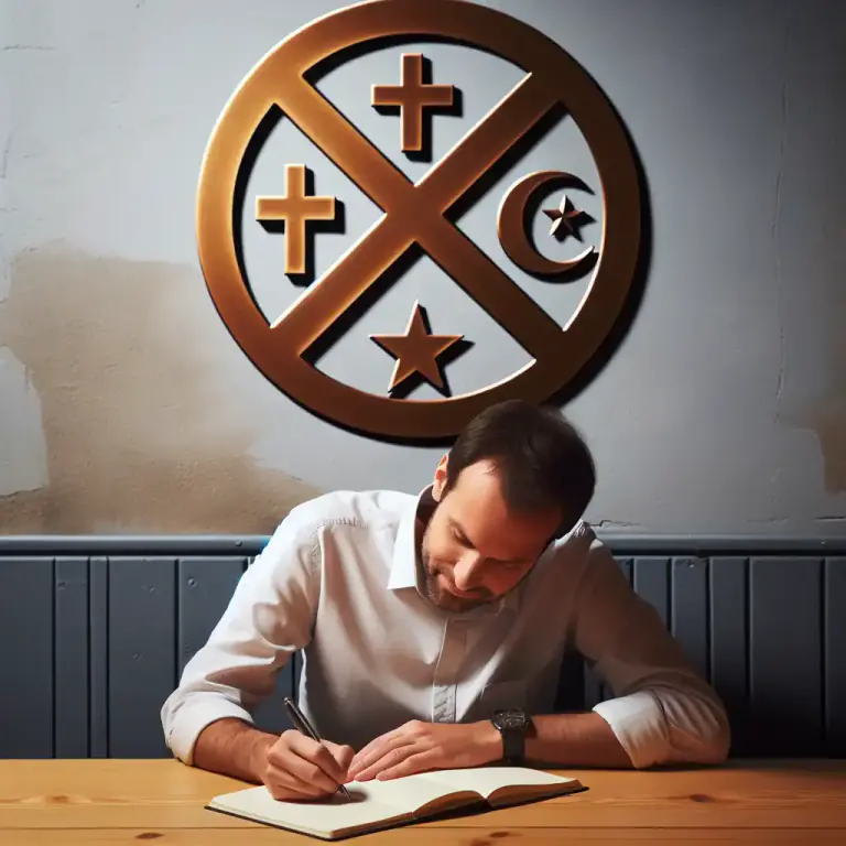 Visual representation of "secularist" - Relating to the principle that rejects religion and religious considerations.