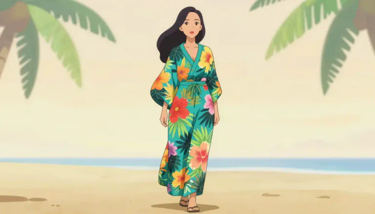 Visual representation of "muumuu" - A loose, brightly colored dress traditionally worn in Hawaiian culture.