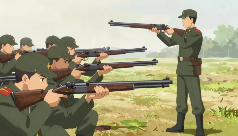 Visual representation of "musketry" - The technique or practice of using a type of gun called a musket