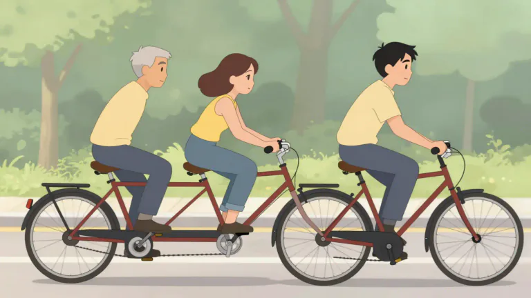 Visual representation of "tandem" - A type of bike that's designed for two people to ride, one behind the other