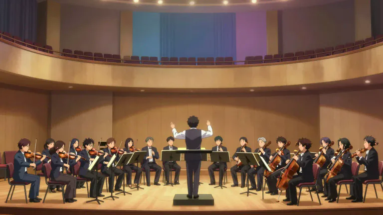 Visual representation of "symphony" - A long piece of music for an orchestra, typically having four major sections or movements