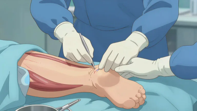 Visual representation of "fasciotomy" - A surgical procedure where an incision is made in the fascia to relieve pressure or tension in surrounding muscles.