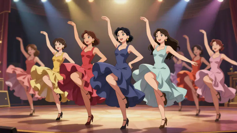 Visual representation of "cancan" - A high-energy dance with a lot of kicks and jumps, mostly performed by women