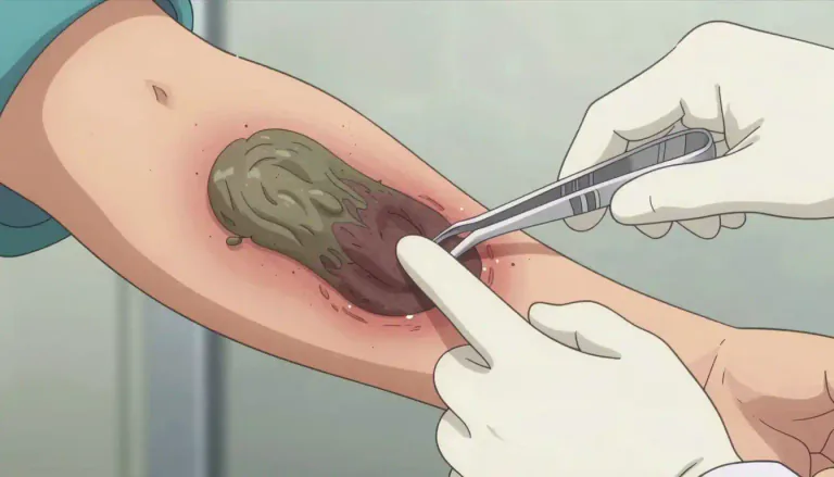 Visual representation of "necrotic" - Relating to necrosis, which is the death of body tissue.