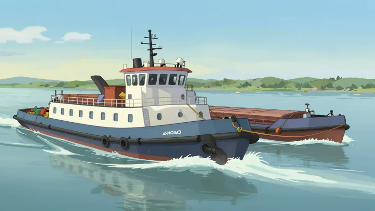 Visual representation of "towboat" - A towboat is a boat that is used for pulling or pushing other boats or cargo on the water.