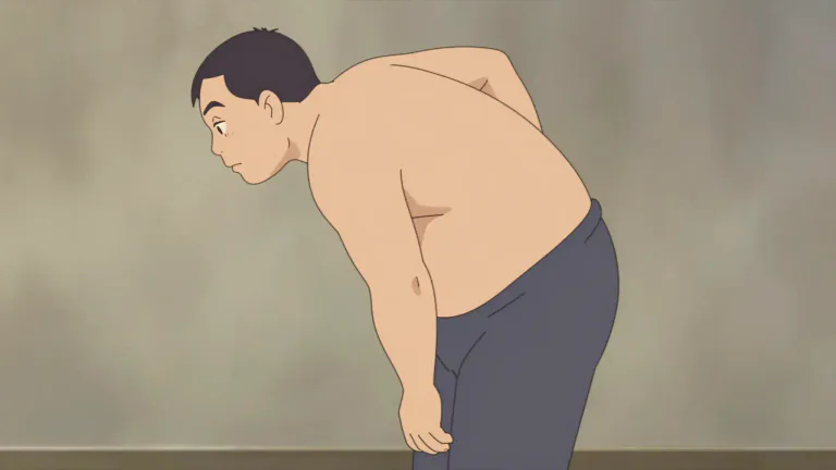 Visual representation of "hunchback" - A person whose back is abnormally rounded and bent forward.