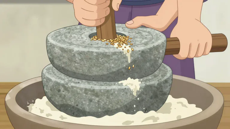 Visual representation of "quern" - A simple tool for grinding grain or seeds into flour