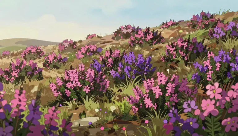 Visual representation of "heather" - A kind of small shrub with pink or purple flowers that grows on hills.