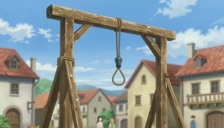 Visual representation of "gibbet" - A frame that was used in the past for executing people by hanging them