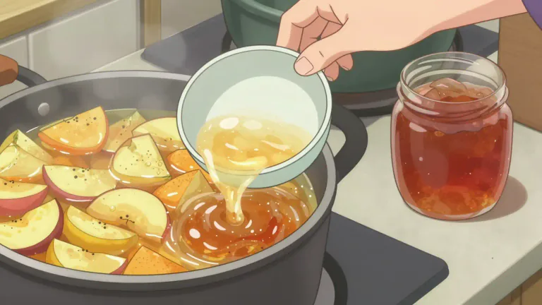 Visual representation of "pectin" - A substance extracted from fruit which causes it to set and turn into a jelly or jam when heated.