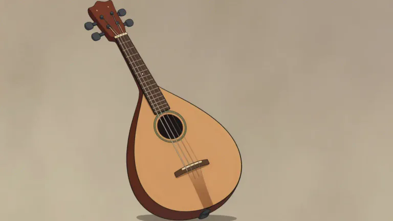Visual representation of "mandolin" - a small musical instrument that has a body shaped like a pear, a long neck, and four pairs of strings