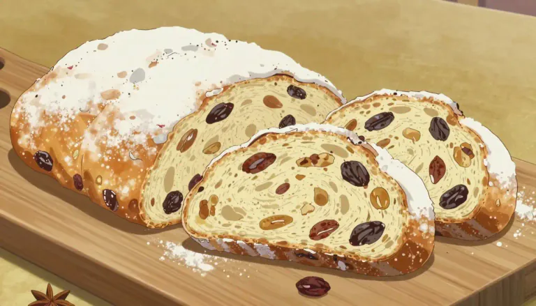 Visual representation of "stollen" - A typical German bread made with flour, fruit, nuts, and spices, often eaten during the Christmas season.