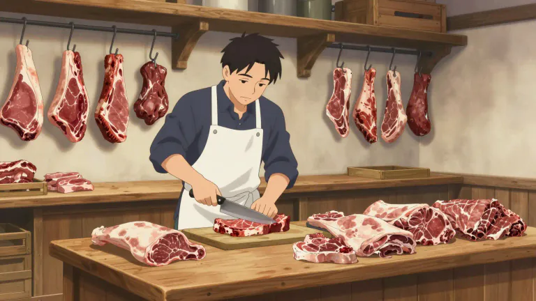 Visual representation of "butcher" - To kill animals and prepare their meat to be sold.