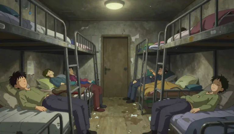 Visual representation of "flophouse" - A flophouse is a cheap lodging house where people can rent a bed for a short time, typically associated with poor conditions.
