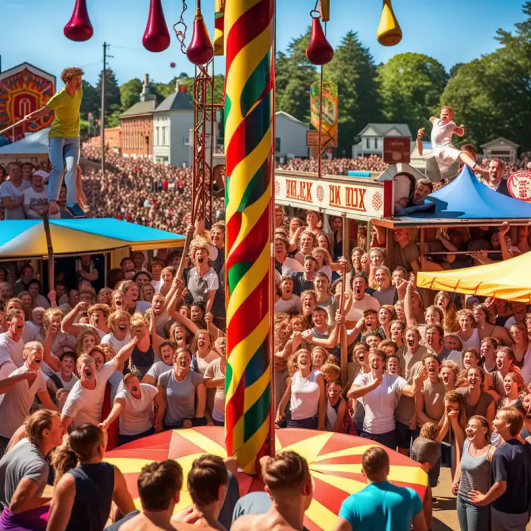 Visual representation of "the greasy pole" - A game where people try to climb a greased pole with a prize on the top.