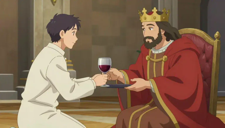 Visual representation of "cupbearer" - A person responsible for serving drinks, especially wine, to a king or important guest.