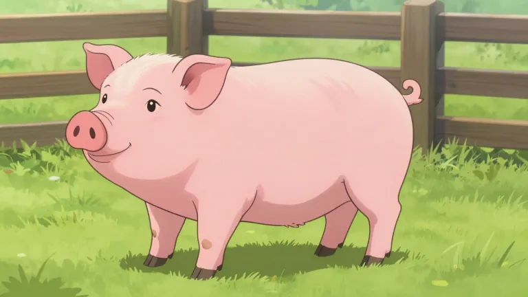 Visual representation of "pig" - A pink or brown farm animal with short legs and a curled tail.
