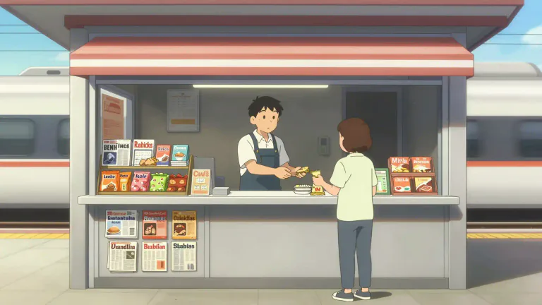 Visual representation of "kiosk" - A small structure, usually open on one or more sides, used as a booth to sell things like newspapers, refreshments, tickets etc.