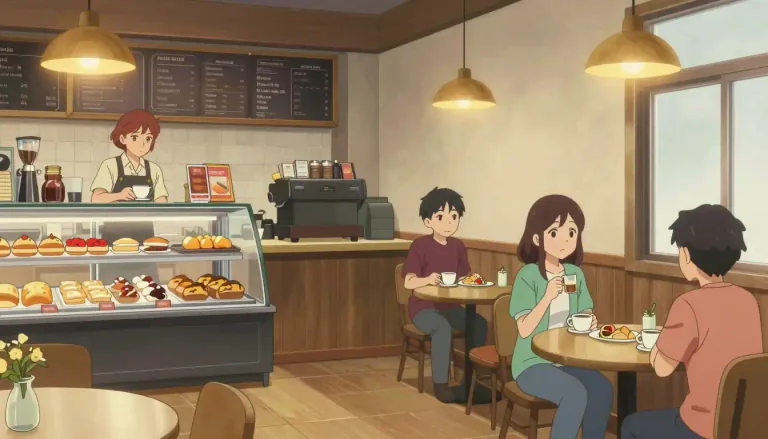 Visual representation of "cafe" - A place where people go to buy coffee or other drinks and sit down to drink them, often also serving light meals