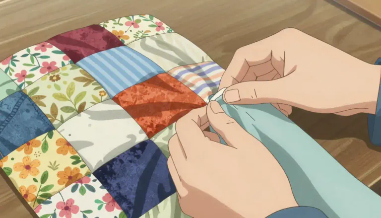 Visual representation of "patchwork" - Something made by sewing various different materials, often in squares, together
